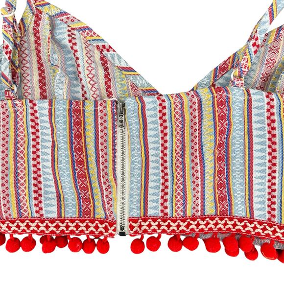 Boho Festival Red Crop Top Halter Adjustable Straps Pom Pom Fringe Zips Large - Picture 6 of 8